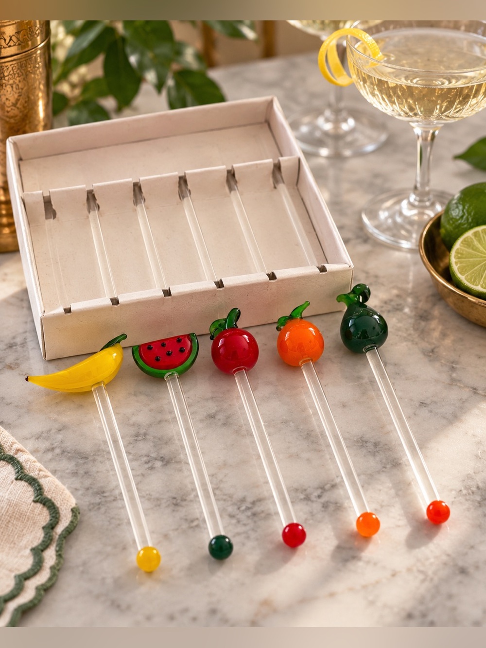 Vintage Glass Fruit Swizzle Sticks Set of 5 Cocktail Drink Stirrers